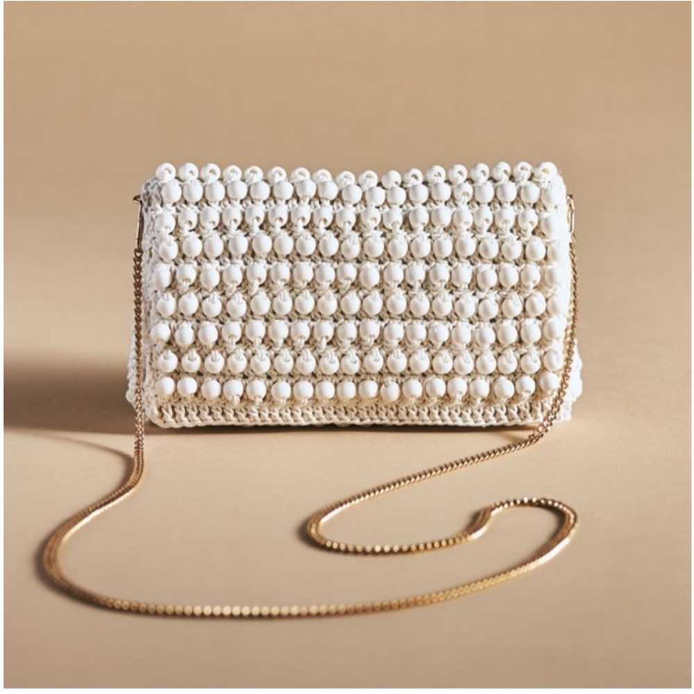 Anthropologie White Beaded Clutch with Chain